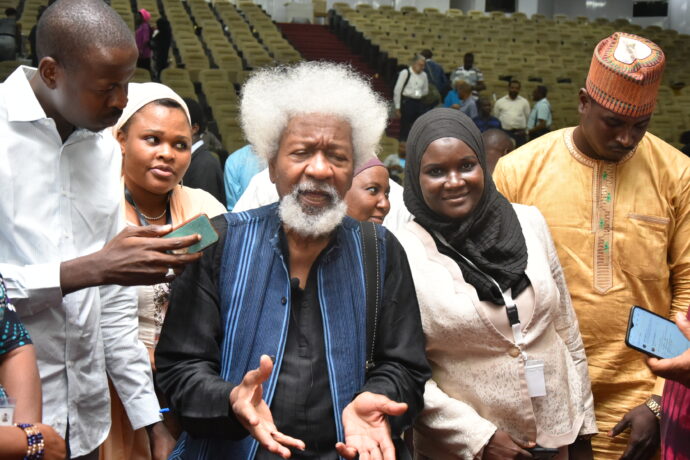 Nobel laureate Wole Soyinka after delivering the keynote address at the AHP Regional Assembly in Abuja, Nigeria, February 2020