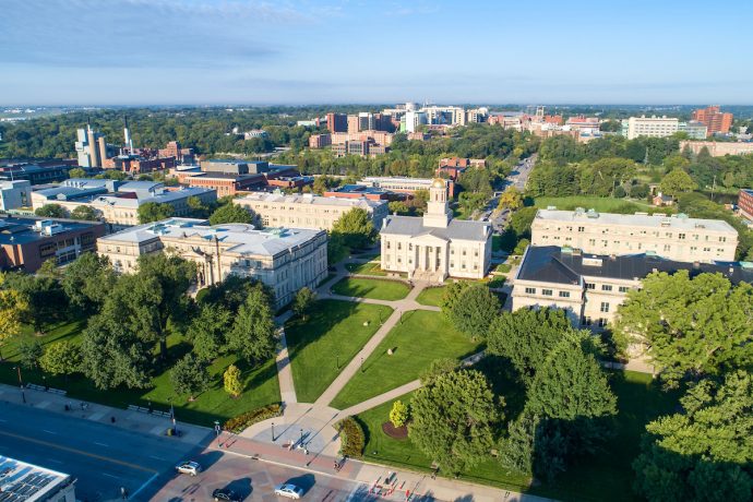 Drone image of University of Iowa campus