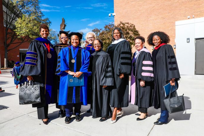 ACLS President Joy Connolly with several female Howard University deans before the inauguration.