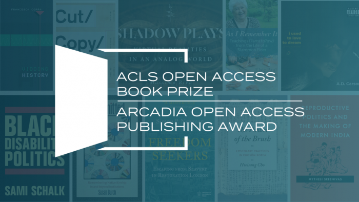 Cover images of the ten 2024 Open Access Book Award finalists overlaid with teal and the prize logo
