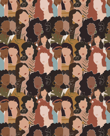 A pattern of many different drawings of women's faces