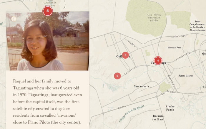 Photo of Luisa Helena Goncalves de Melo's aunt on top of map of Brasilia from interactive online exhibit