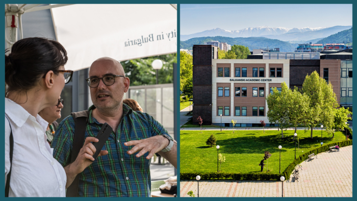 Two images side-by-side: two people talking at last year's Summer Institute in Bulgaria under an umbrella, and an exterior photo of the Balkanski Academic Center at American University in Bulgaria