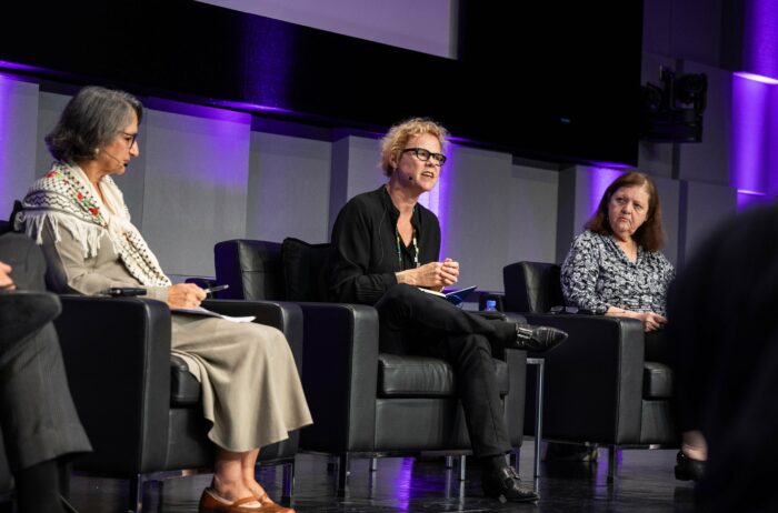Hoda Elsadda, Joy Connolly, and Seteney Shami discuss the state of humanities in the Arab world at Northwestern University in Qatar on November 4, 2024