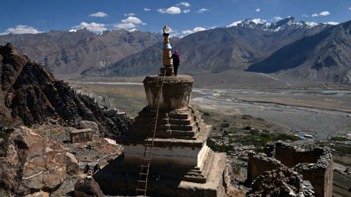 The Studio Nyandak team in Ladakh, leading a pilot restoration at Kadampa Chorten, located above Chukchikjal Nunnery in Zanskar.